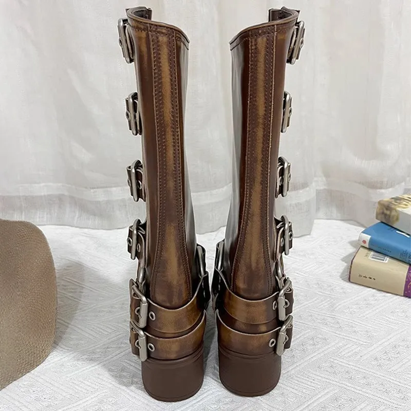 All Leather Tall Boots For Women With Buckles Western Cowboy Boots Riding Boots Big Square Toe