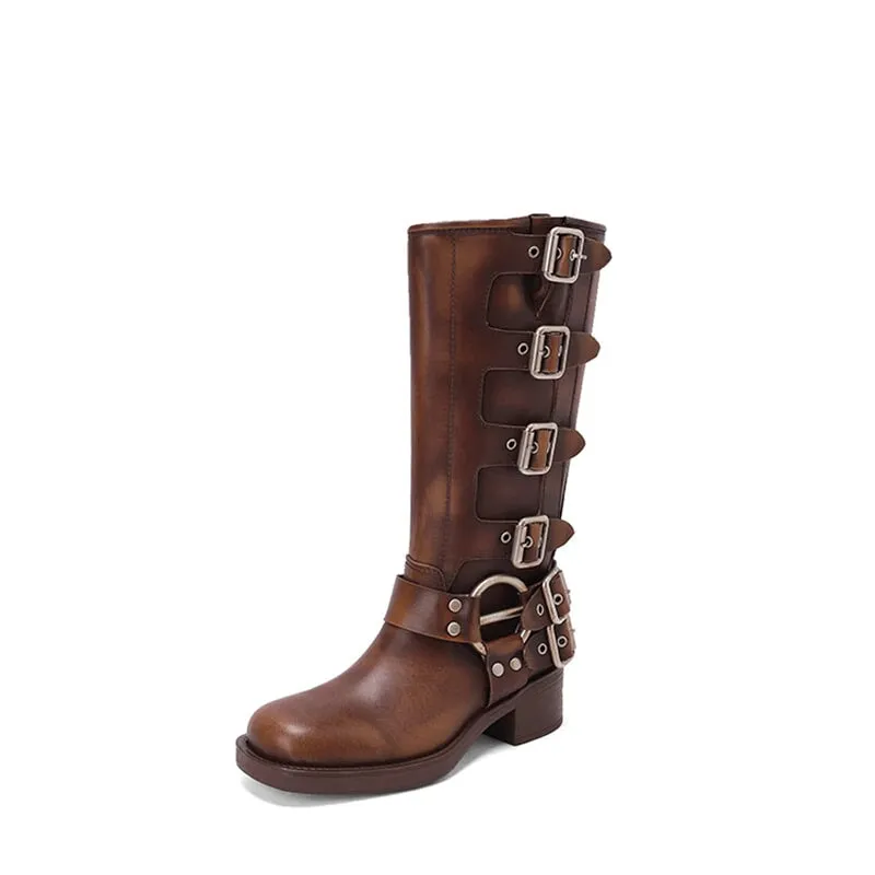 All Leather Tall Boots For Women With Buckles Western Cowboy Boots Riding Boots Big Square Toe