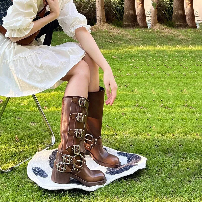 All Leather Tall Boots For Women With Buckles Western Cowboy Boots Riding Boots Big Square Toe