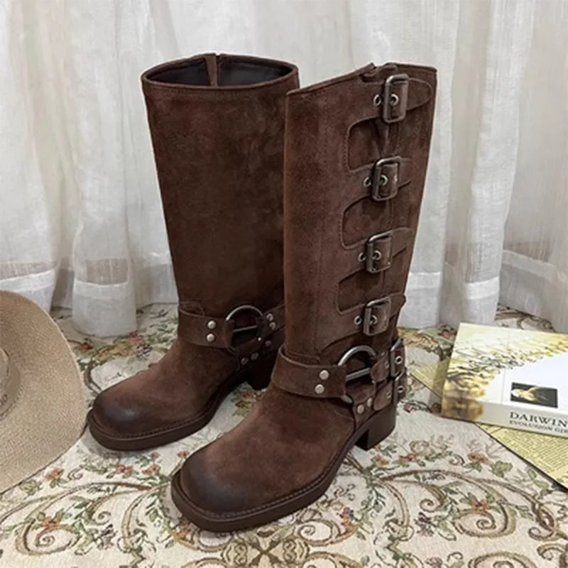 All Leather Tall Boots For Women With Buckles Western Cowboy Boots Riding Boots Big Square Toe