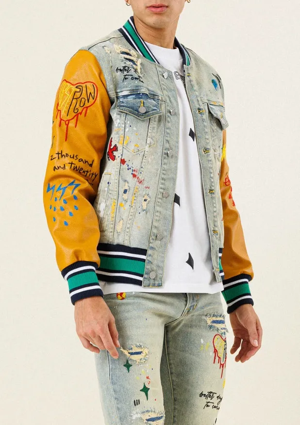 All Over Embroidered Varsity Denim Jacket