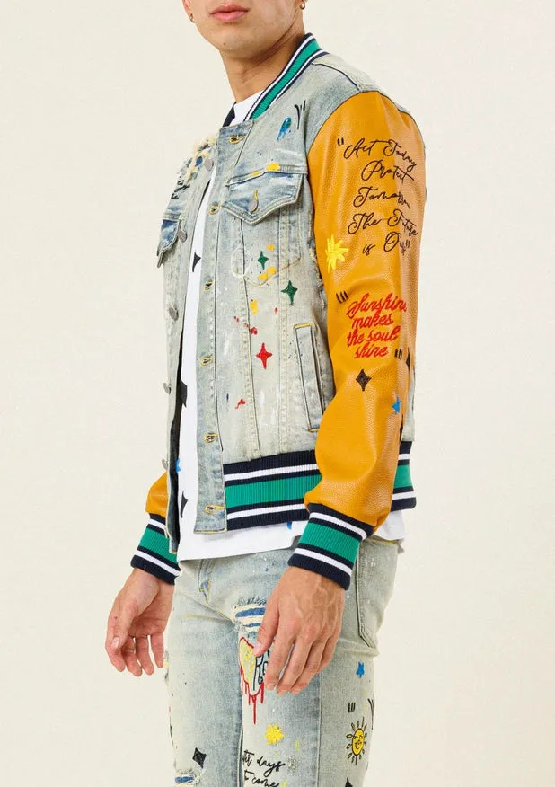 All Over Embroidered Varsity Denim Jacket