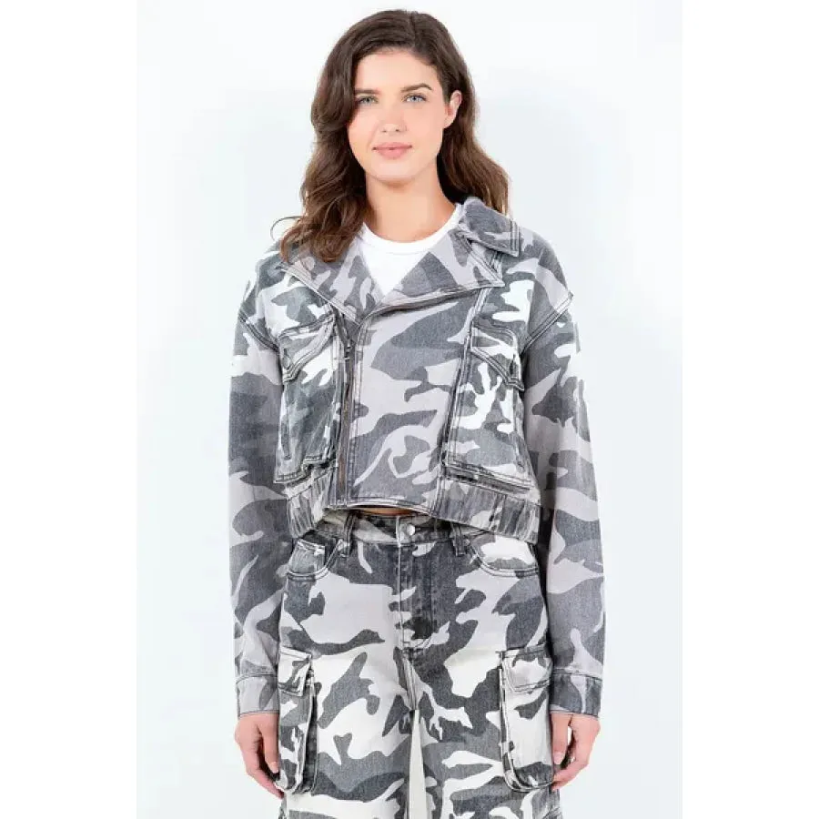 American Bazi Camouflage Zip Up Cropped Rider Jacket