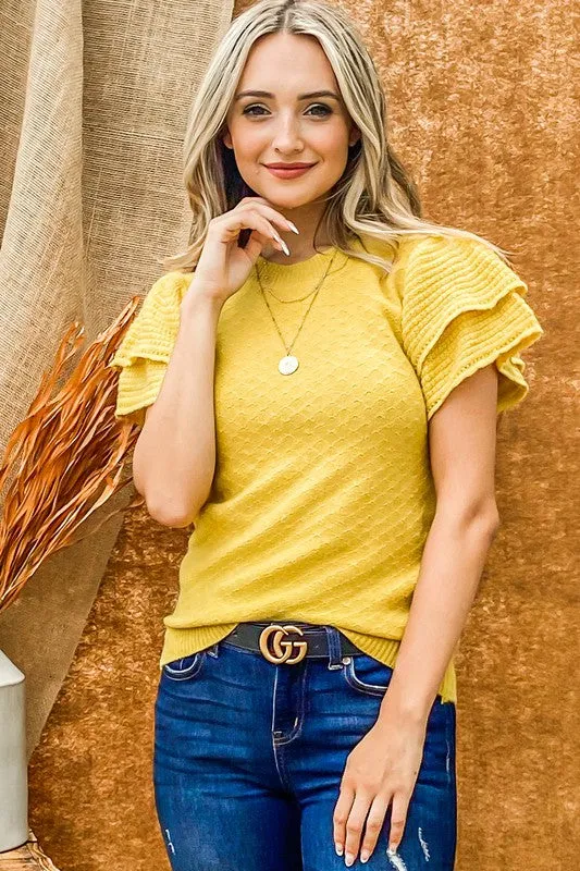 Beautiful Mind Frill Sleeve Sweater - Mustard