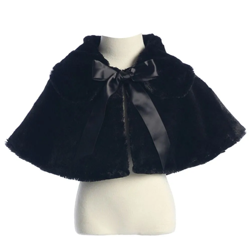 Big Girls Black Fluffy Faux Ribbon Closure Cape 8-12