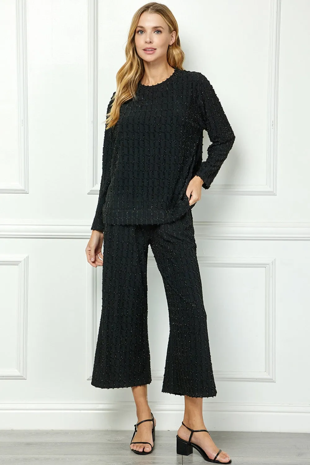 Black Glitter Textured Long Sleeve Top & Pant Set