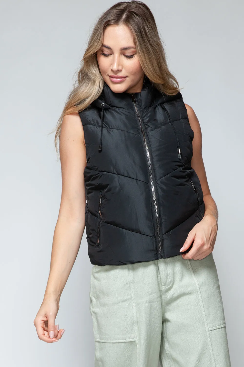 Black Sleeveless Jacket New Women's Fashion  Zip Up Quilted Hooded Vest