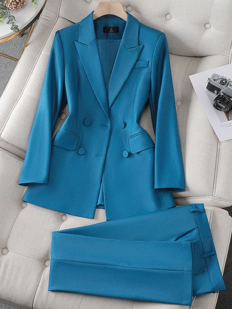 CAROLINE SUITS Women's Elegant Stylish Fashion Office Blazer Jacket & Pants Blue Suit Set for Business Meetings & Job Interviews