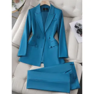 CAROLINE SUITS Women's Elegant Stylish Fashion Office Blazer Jacket & Pants Blue Suit Set for Business Meetings & Job Interviews