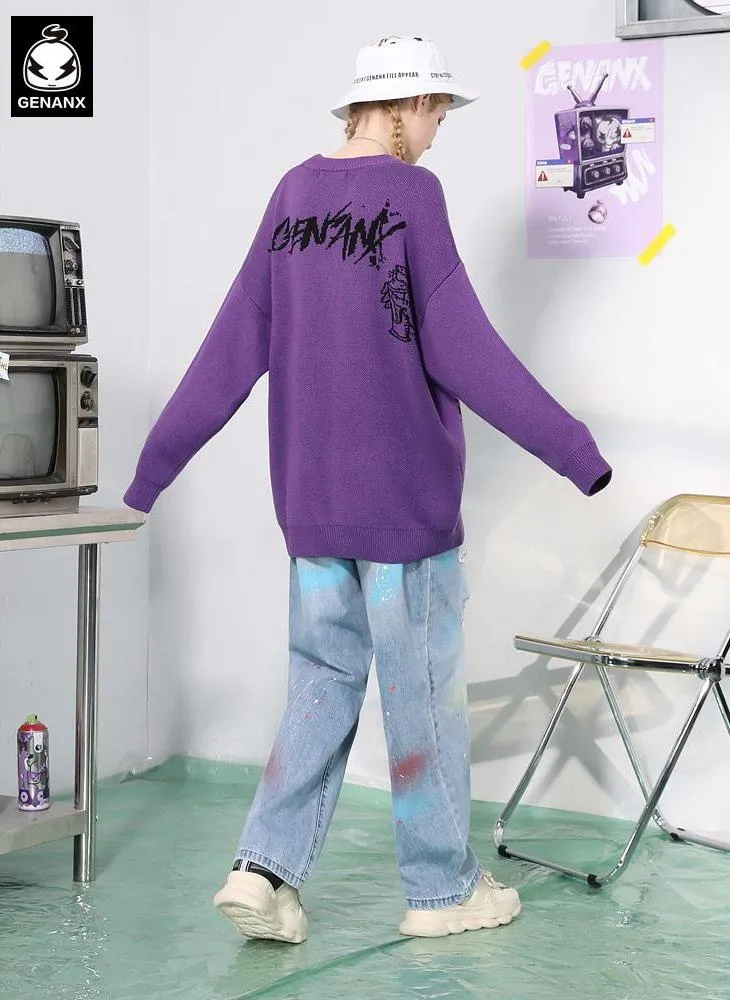 Cartoon Letter Print Pullover Crew Neck Sweater