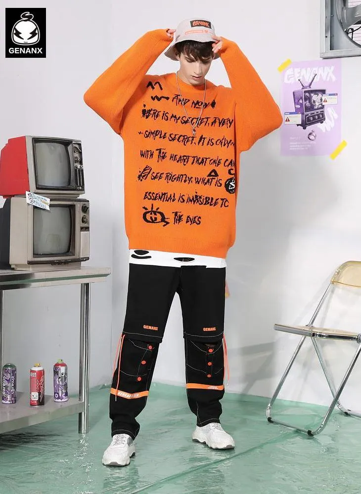 Cartoon Letter Print Pullover Crew Neck Sweater