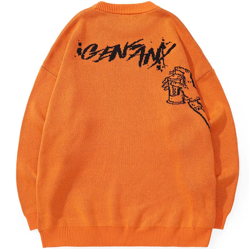 Cartoon Letter Print Pullover Crew Neck Sweater