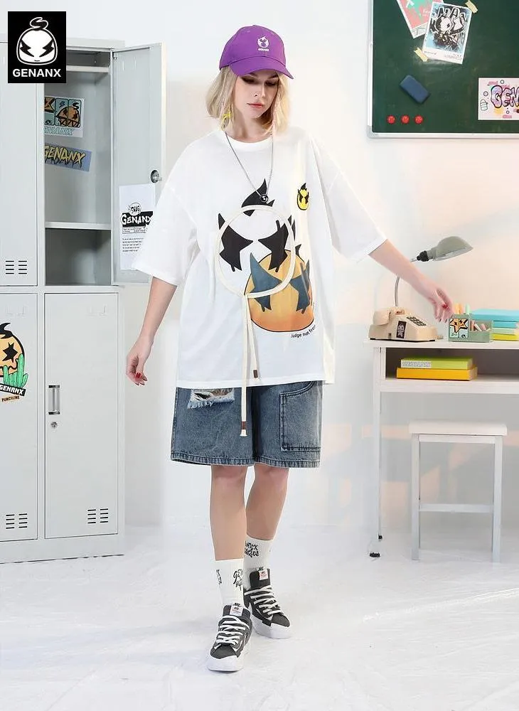 Cartoon Letter Print Rope Embroidery T-Shirt