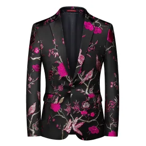 CGSUITS Men's Fashion Luxury Style Floral Embroidery Black & Pink Gold Blazer Suit Jacket