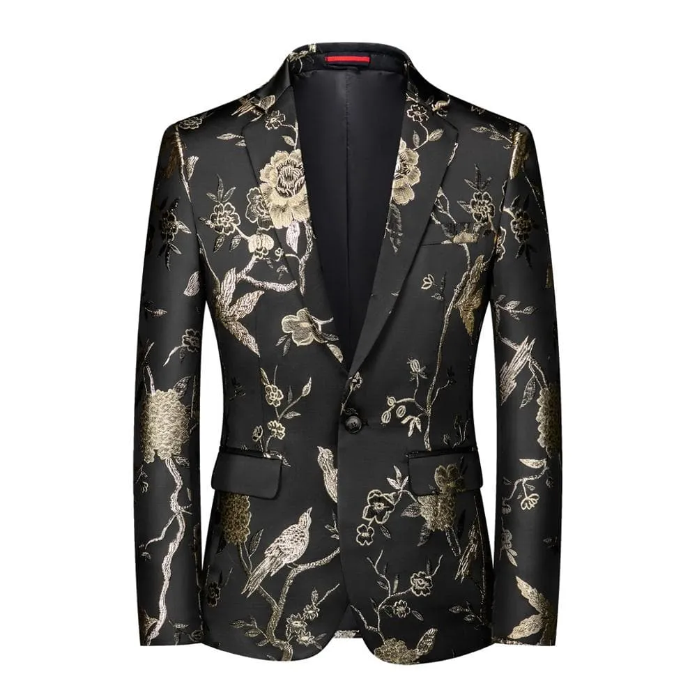 CGSUITS Men's Fashion Luxury Style Floral Embroidery Black & Pink Gold Blazer Suit Jacket