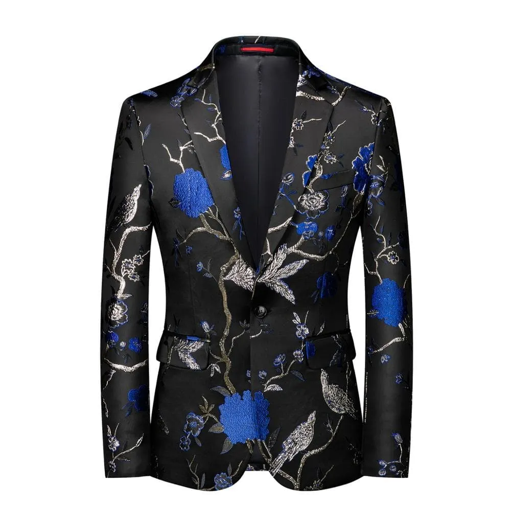 CGSUITS Men's Fashion Luxury Style Floral Embroidery Black & Pink Gold Blazer Suit Jacket