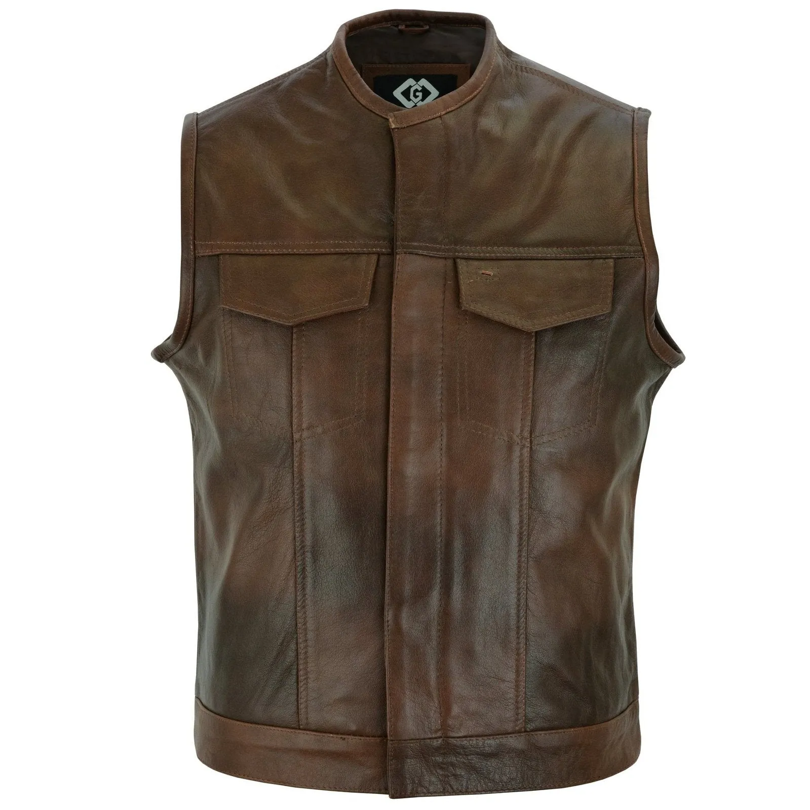 Collarless Sons of Anarchy Cut Off Cowhide Leather Vest Biker Motorcycle