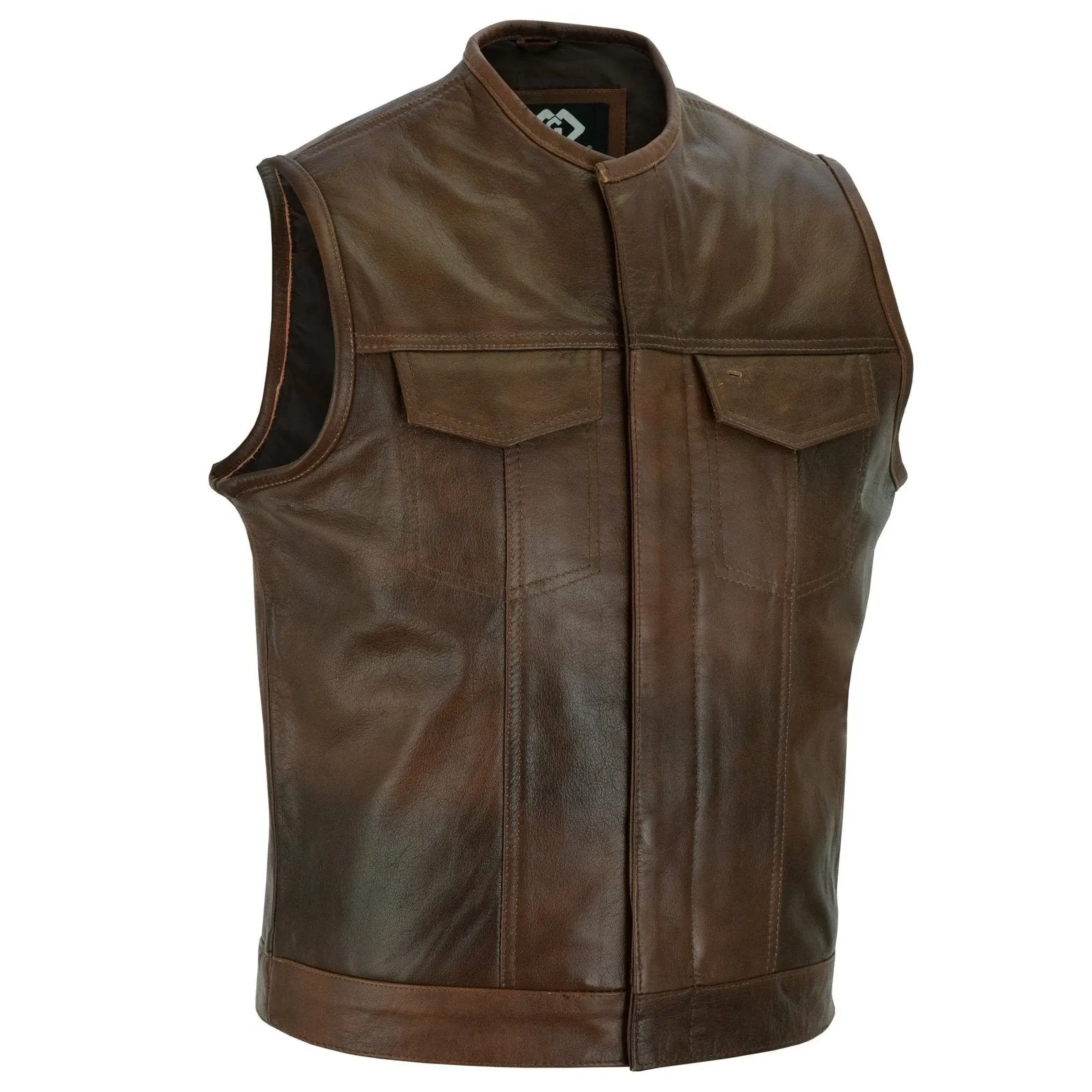 Collarless Sons of Anarchy Cut Off Cowhide Leather Vest Biker Motorcycle