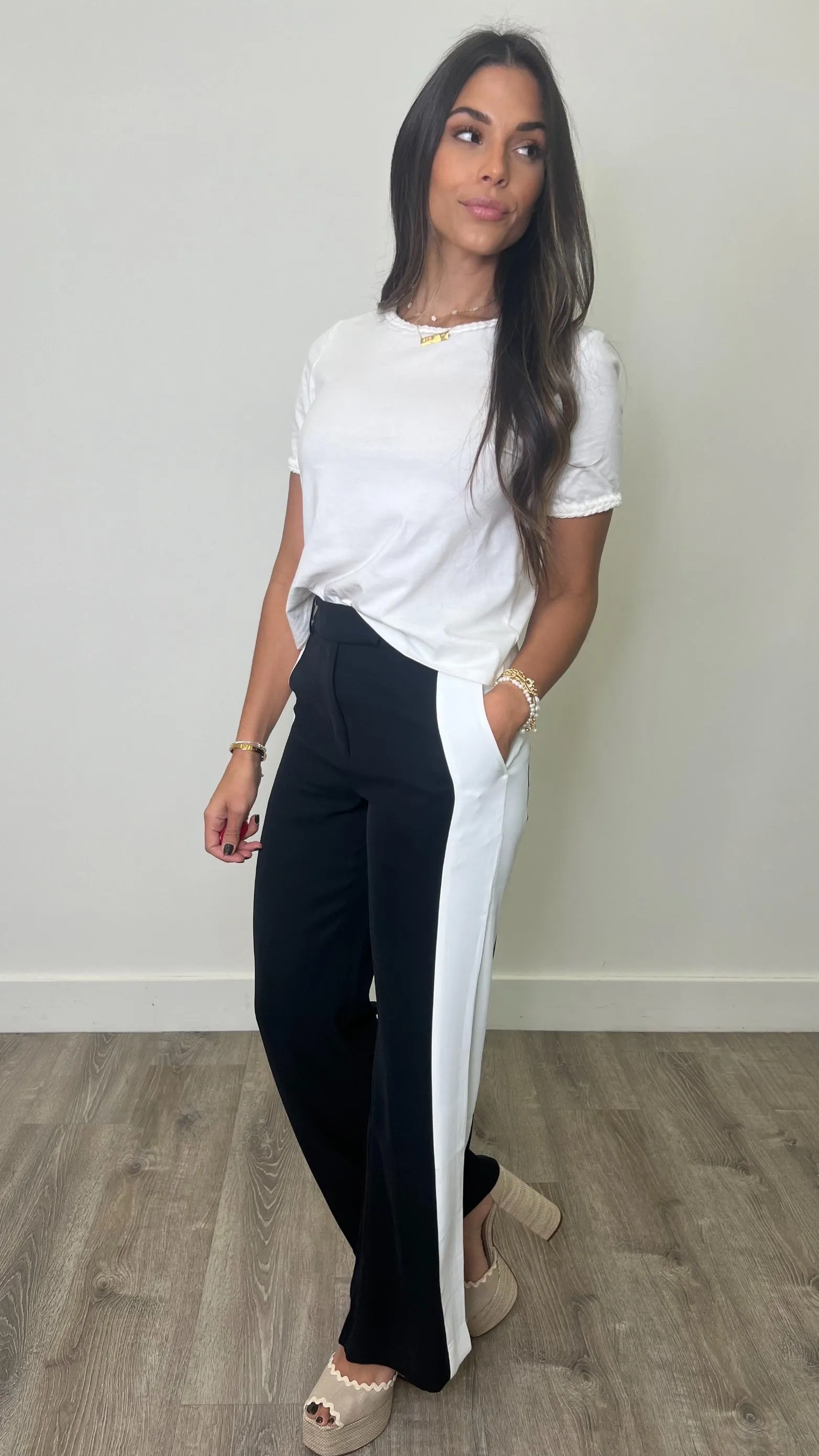 Crispin Black Off White Wide Leg Pants