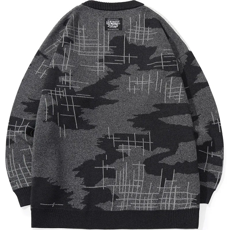 Dark Gray Graffiti Jacquard Long Sleeve Sweater