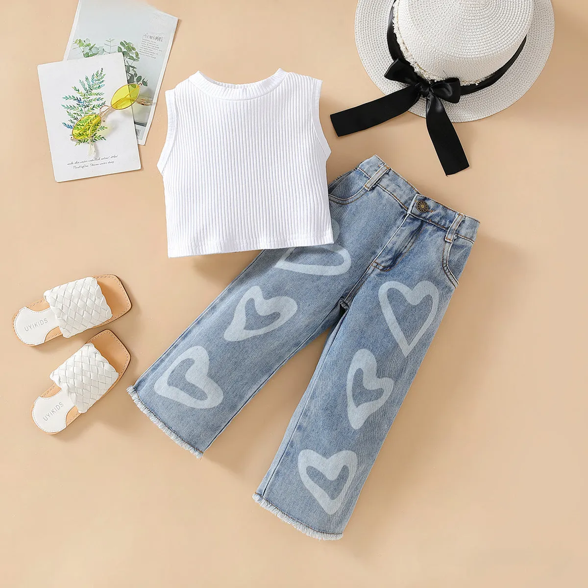 Girls' Summer Sleeveless Vest Top and Denim Wide Leg Pants Set