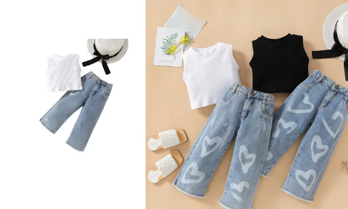 Girls' Summer Sleeveless Vest Top and Denim Wide Leg Pants Set