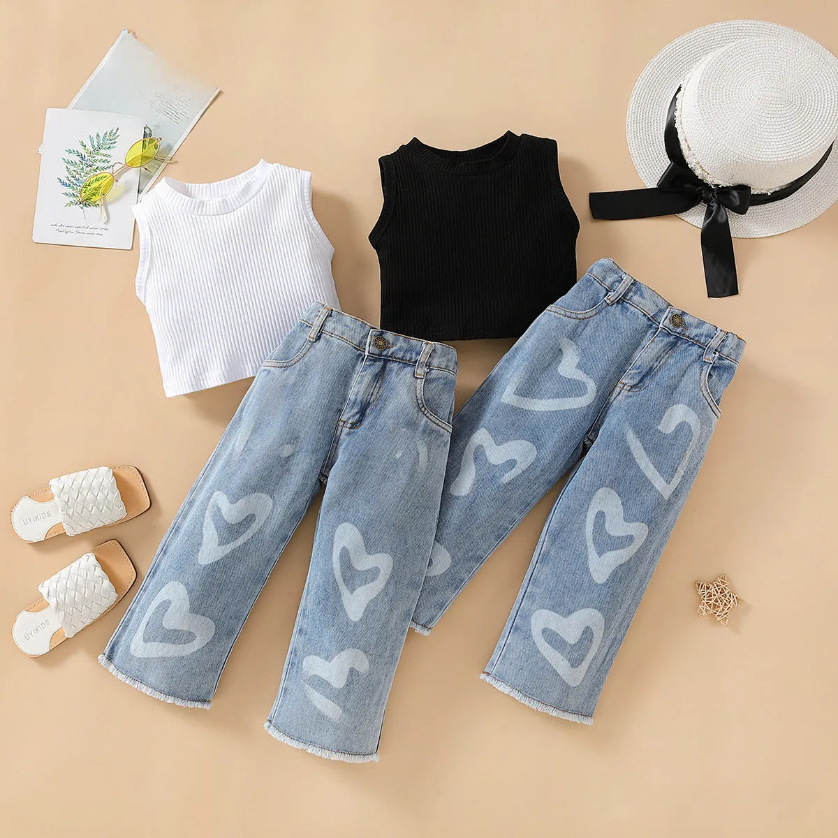 Girls' Summer Sleeveless Vest Top and Denim Wide Leg Pants Set