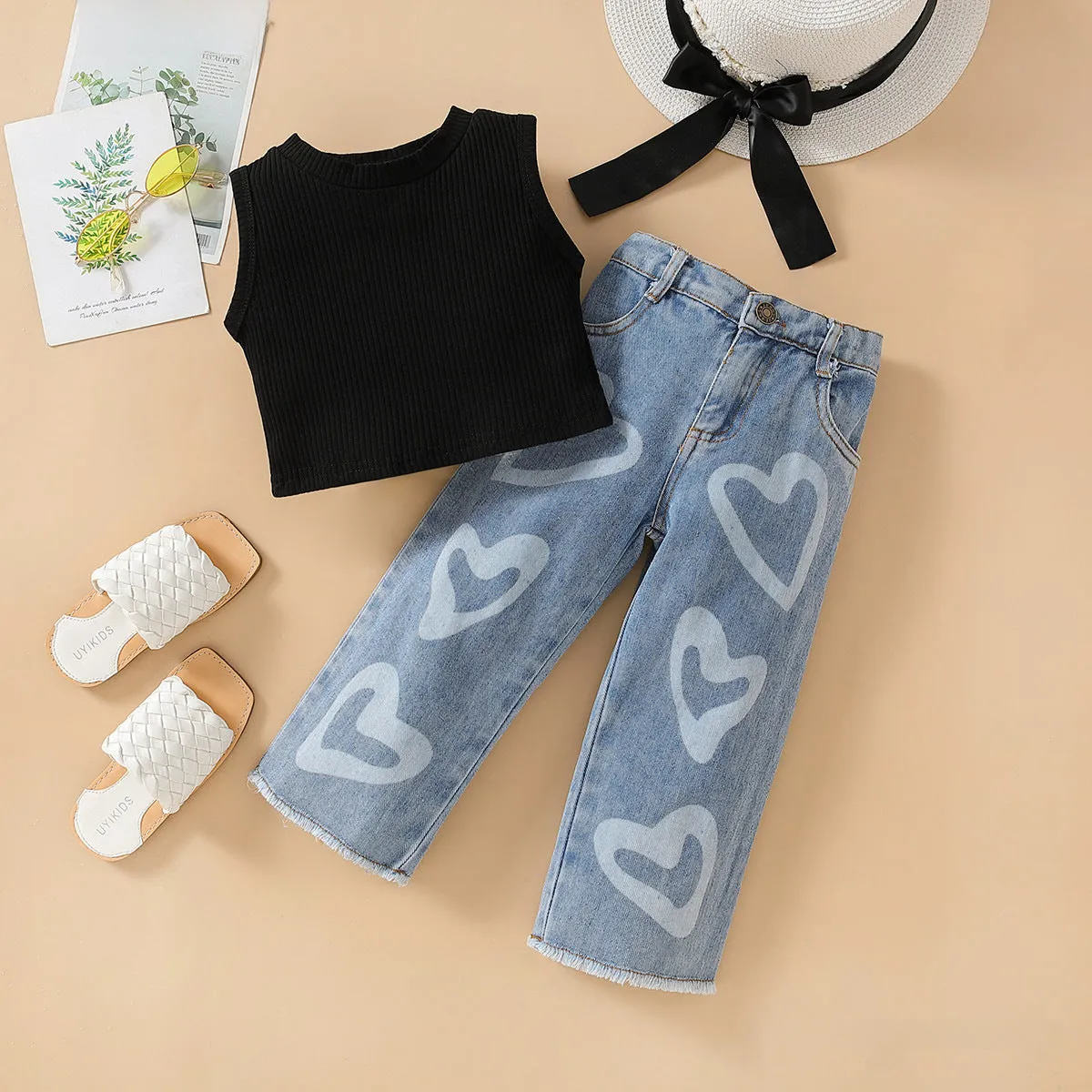 Girls' Summer Sleeveless Vest Top and Denim Wide Leg Pants Set