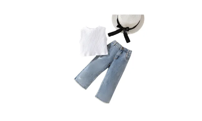 Girls' Summer Sleeveless Vest Top and Denim Wide Leg Pants Set