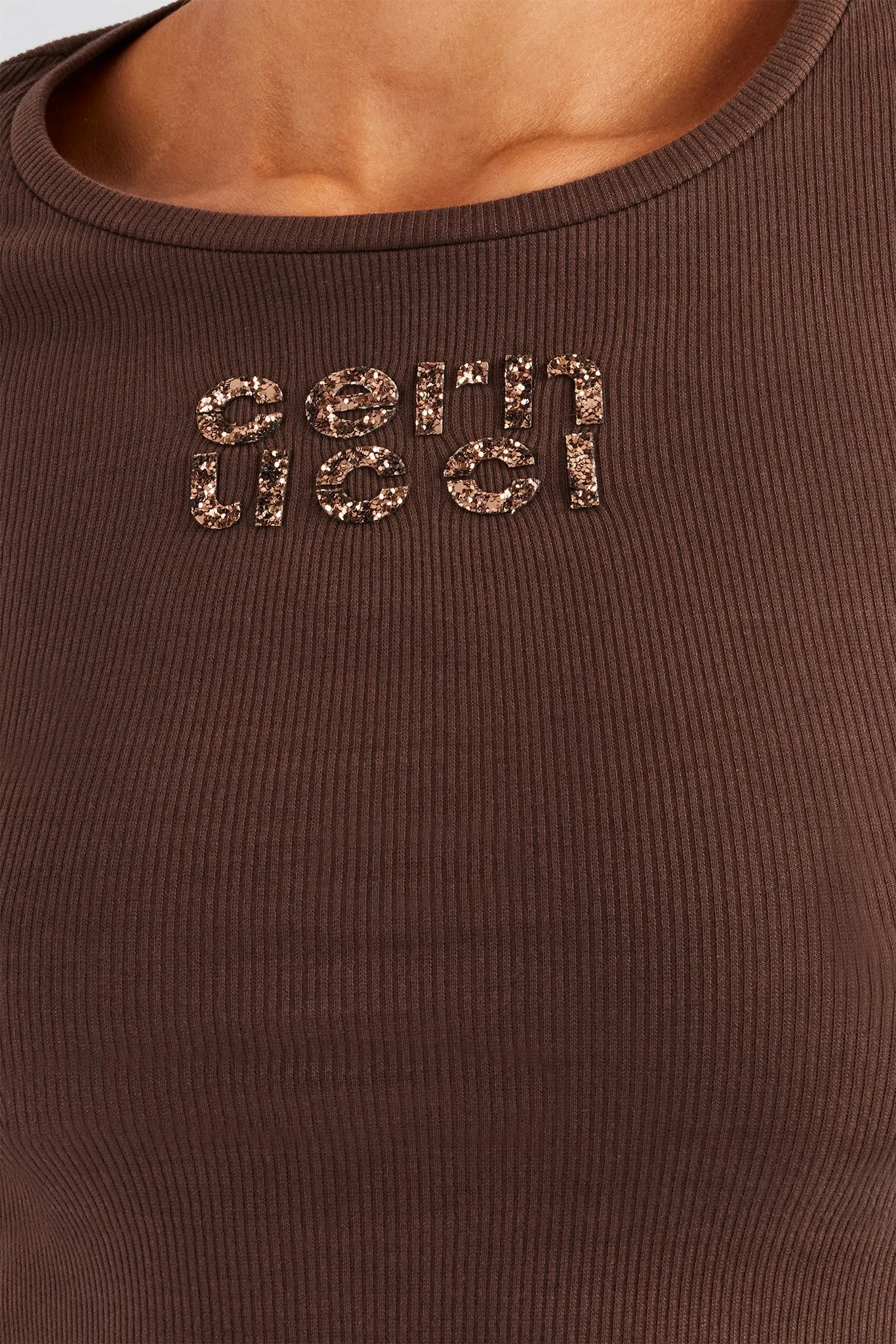 Glitter Applique Rib Long Sleeve Top - Chocolate