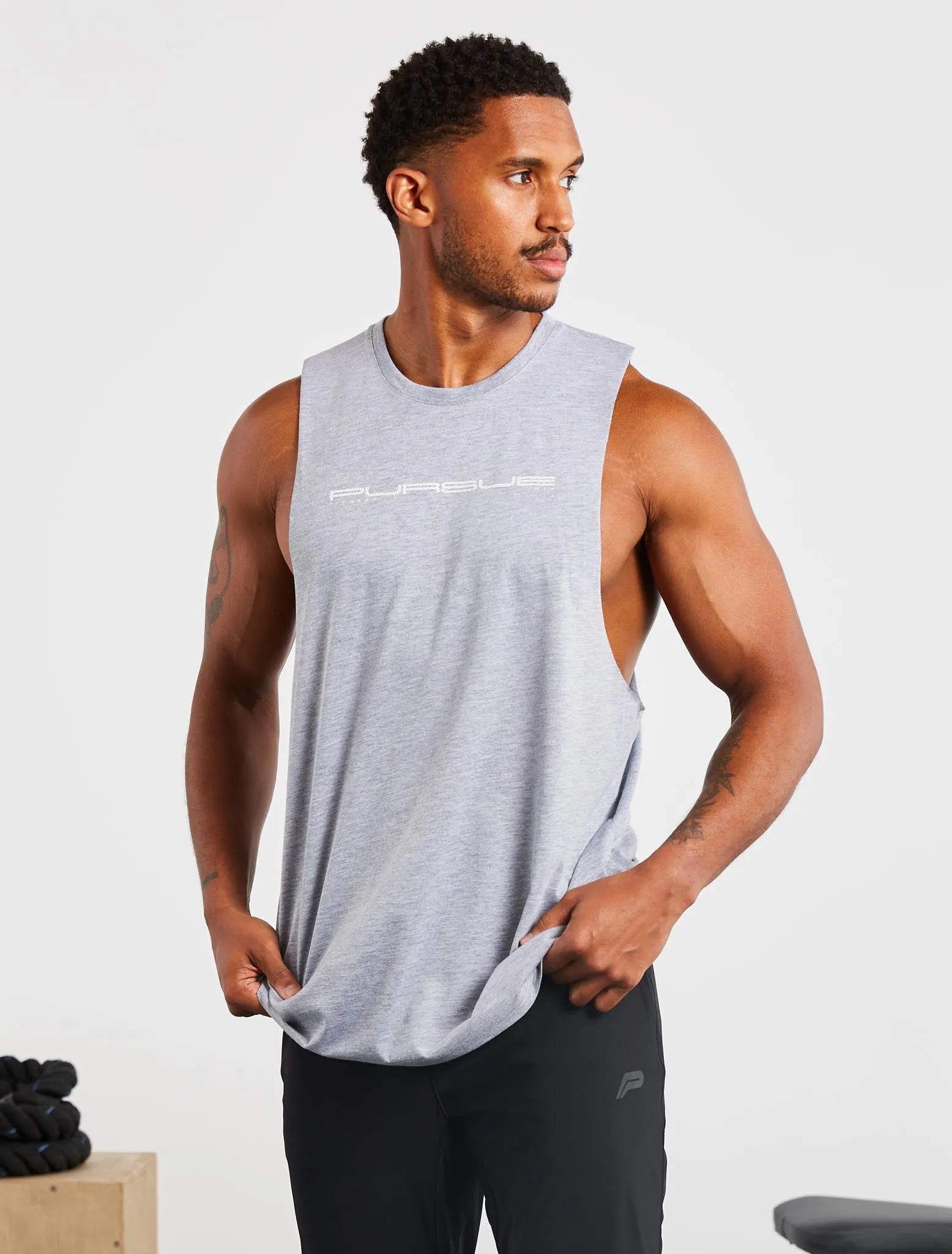 Graphic Drop Arm Tank - Grey Marl