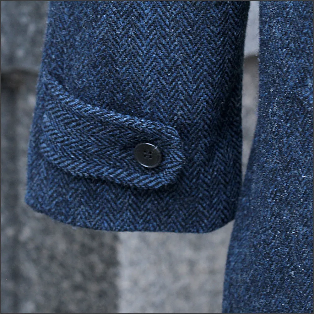 Harris Tweed Dark Blue Herringbone Raglan Overcoat--