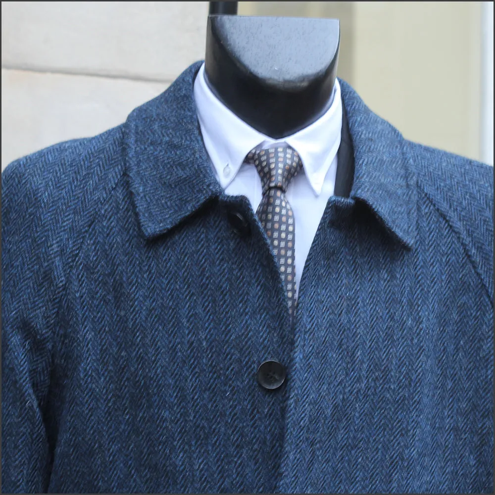 Harris Tweed Dark Blue Herringbone Raglan Overcoat--