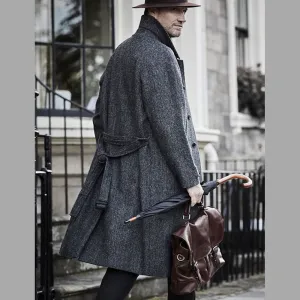 Harris Tweed Dark Blue Herringbone Raglan Overcoat--