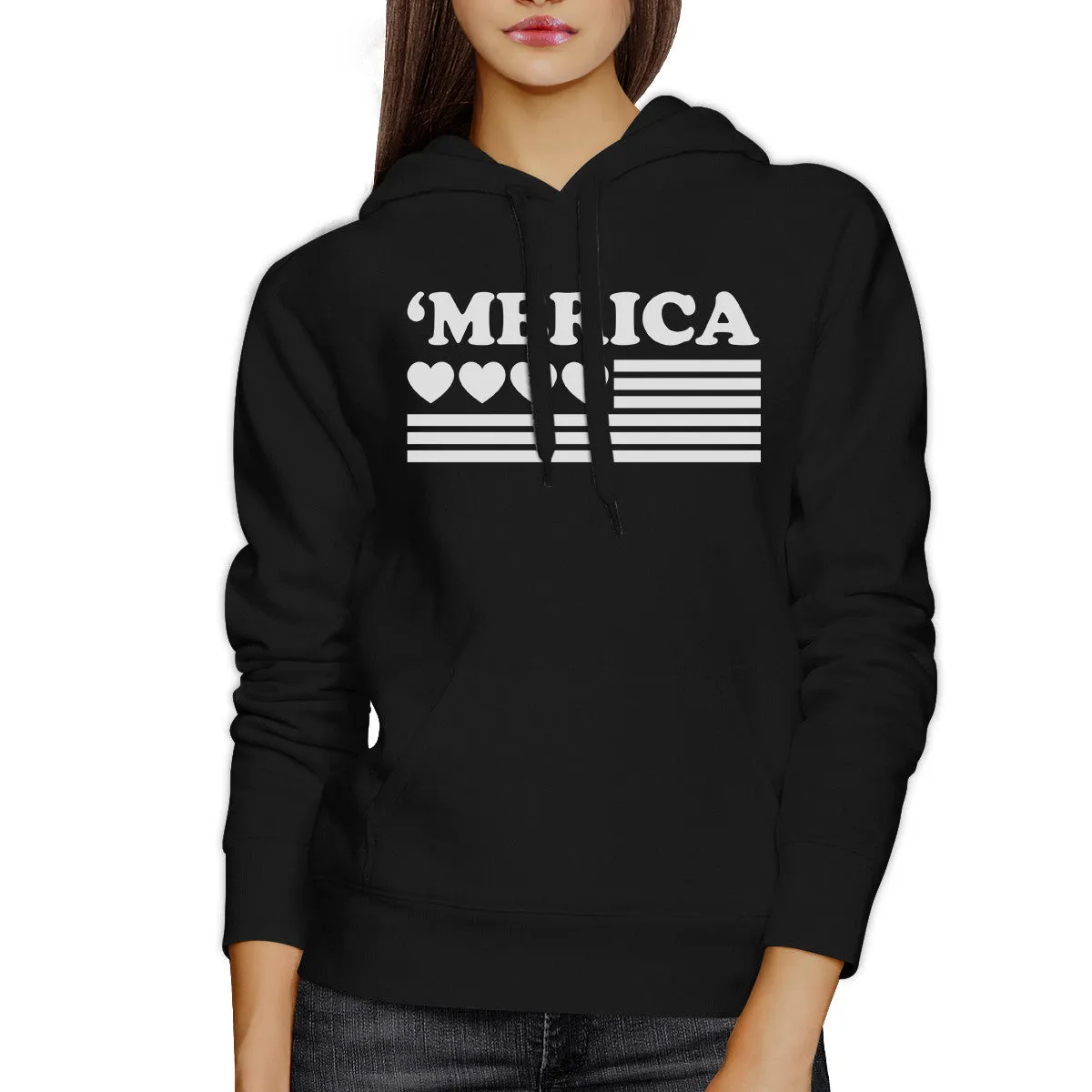 Heart 'Merica Cute American Flag Design Funny Unisex Black Hoodie