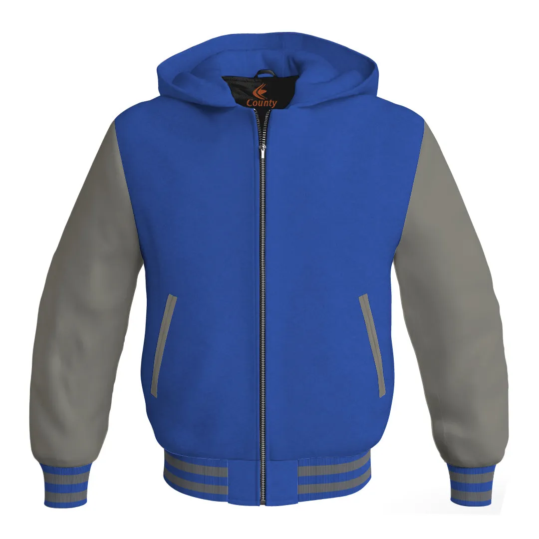 Hooded Bomber Women Blue Body and Gray Leather Sleeves Custom Hoodies