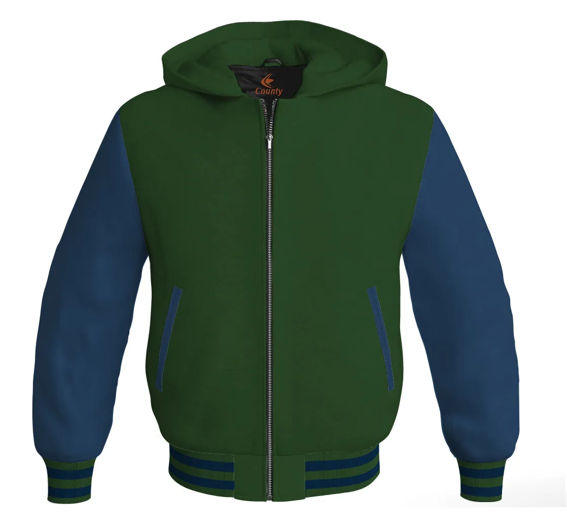 Hoodie Jackets Forest Green Body and Navy Blue Leather Sleeves Bomber Jacket