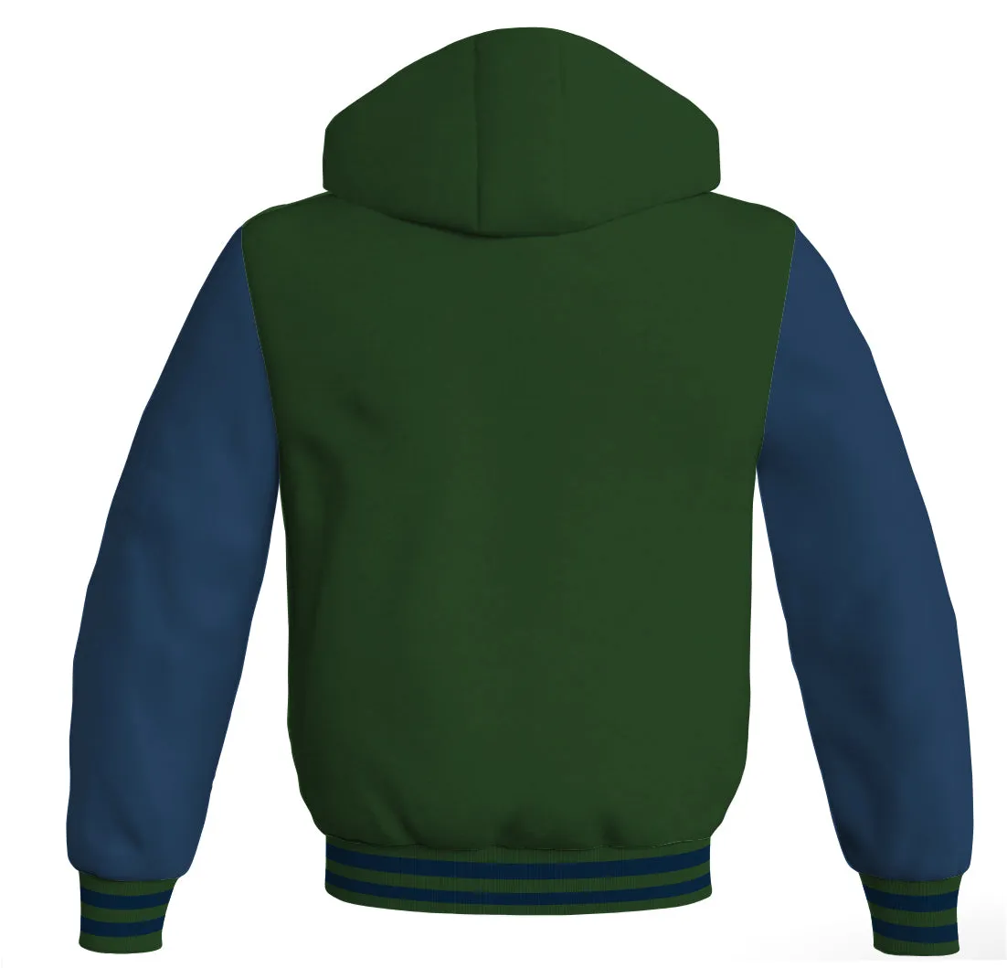 Hoodie Jackets Forest Green Body and Navy Blue Leather Sleeves Bomber Jacket