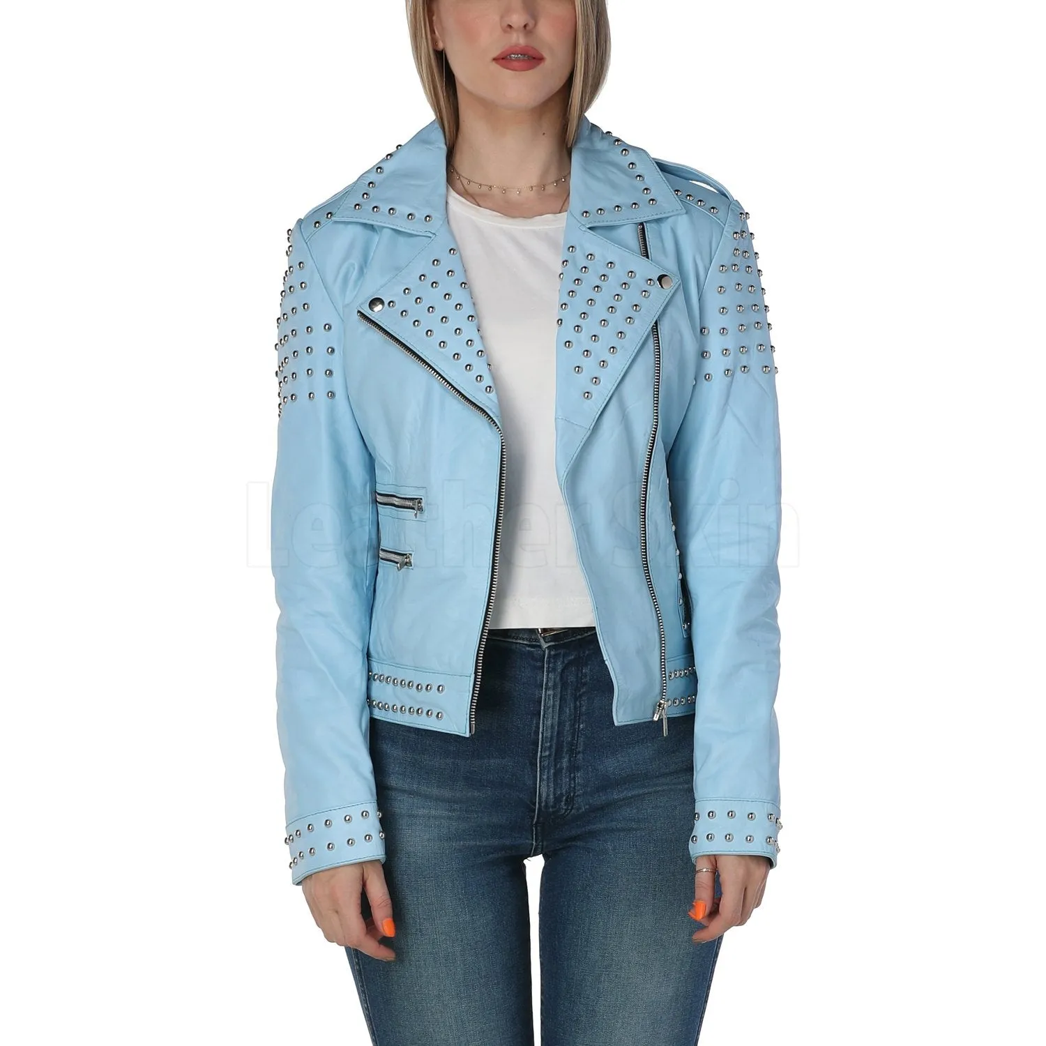 Kristi Sky Blue Studded Leather Jacket