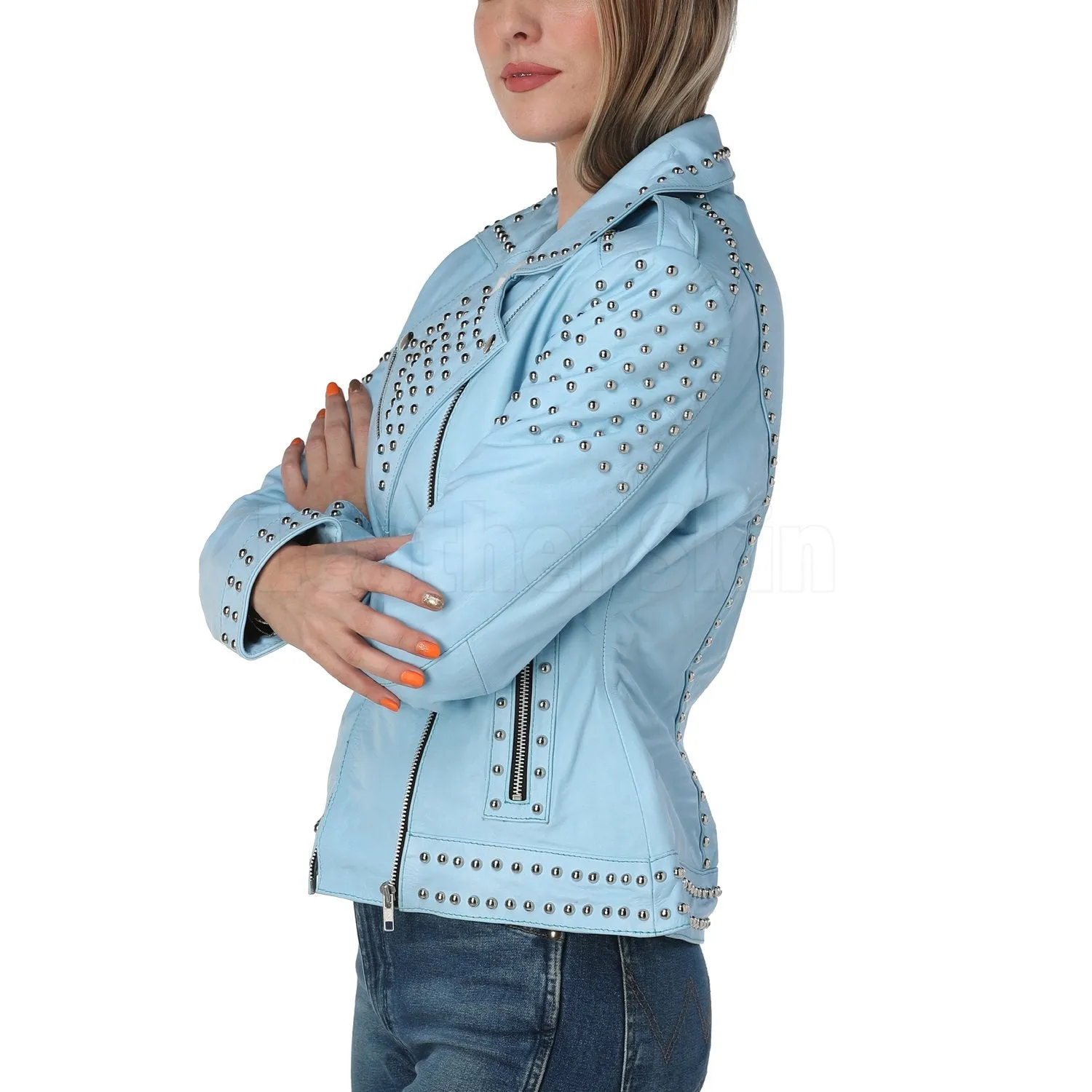 Kristi Sky Blue Studded Leather Jacket