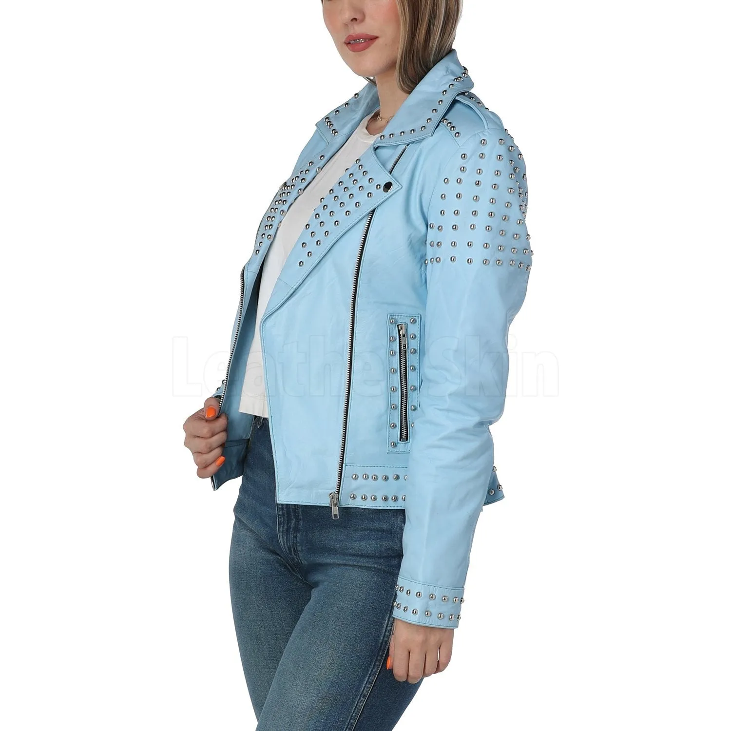 Kristi Sky Blue Studded Leather Jacket