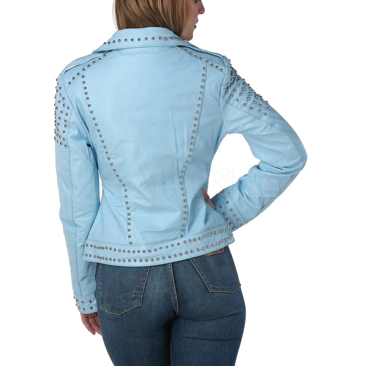 Kristi Sky Blue Studded Leather Jacket