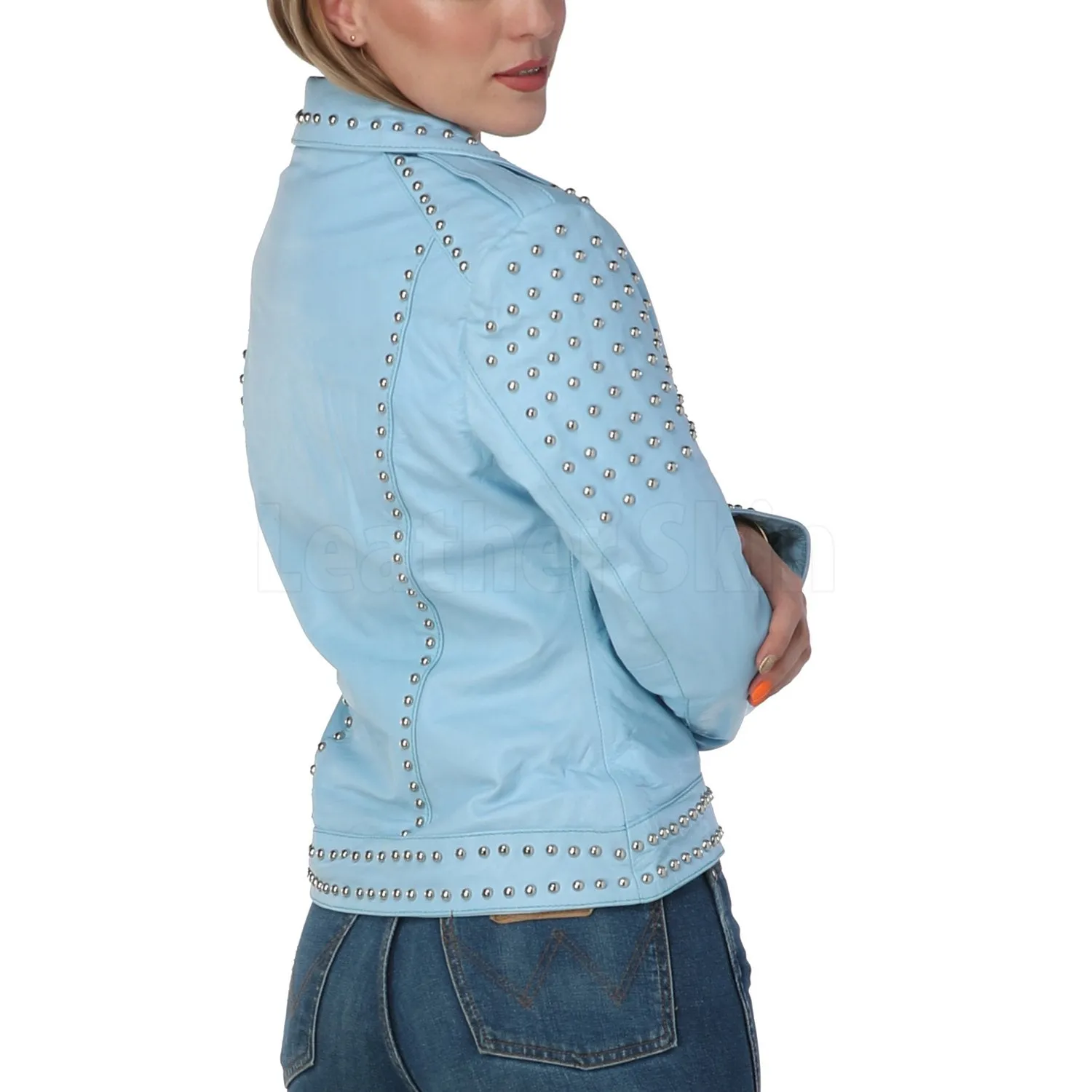 Kristi Sky Blue Studded Leather Jacket