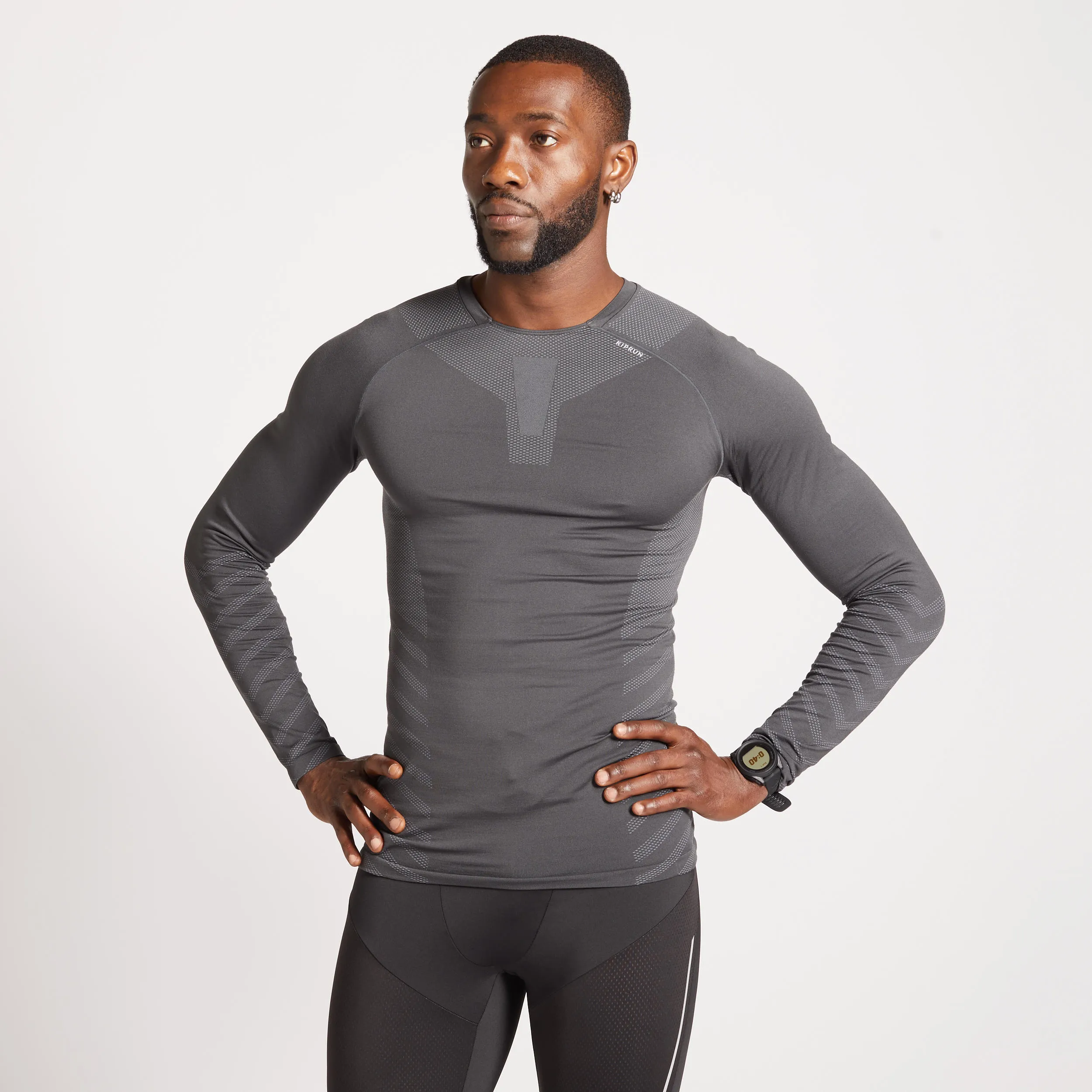 Long Sleeve Running T-Shirt Breathable Winter Kiprun Skincare Men's Gray charcoal grey/asphalt gray