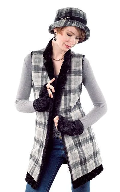 Mandarin Vest, Reversible less pockets - Wool Plaid with Assorted Faux Fur (One Small each left!)