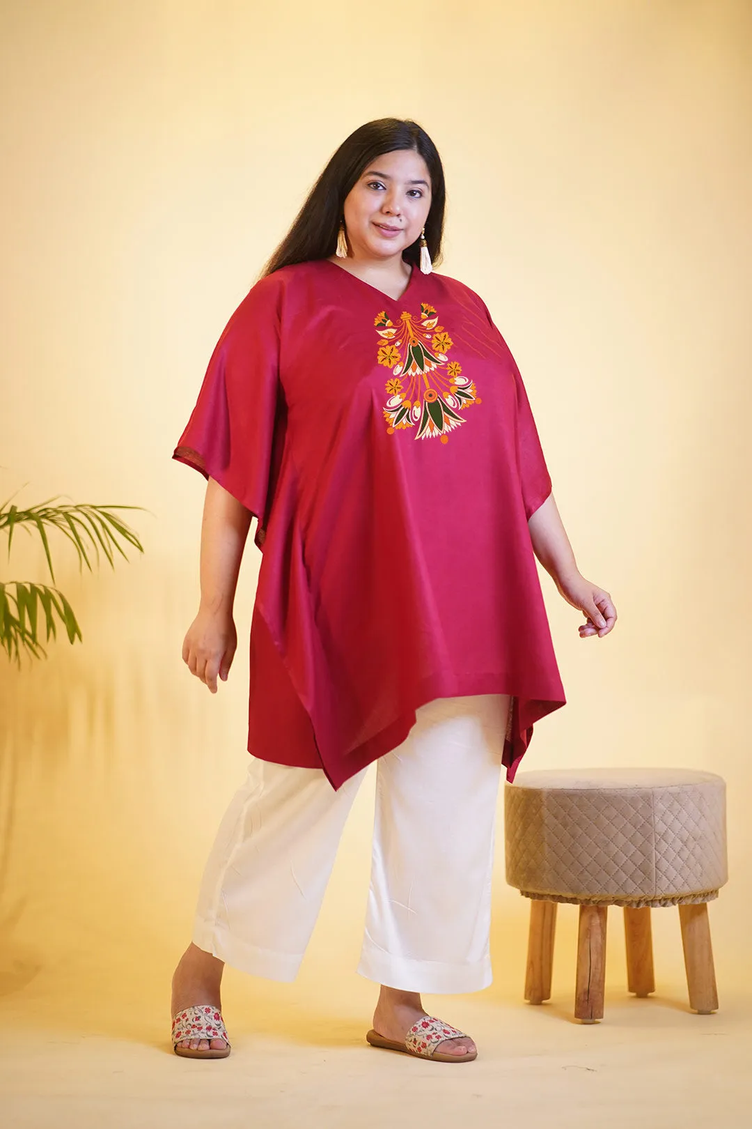 Maroon Rayon Kurti & MilkyWhite Palazzo - Nishat