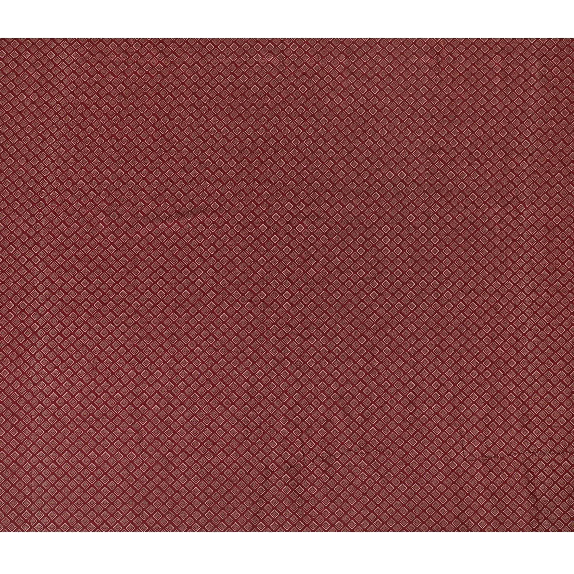 Maroon Synthetic blended  cotton fabric with beige, brick red and pale brown print in geometric design-D16737