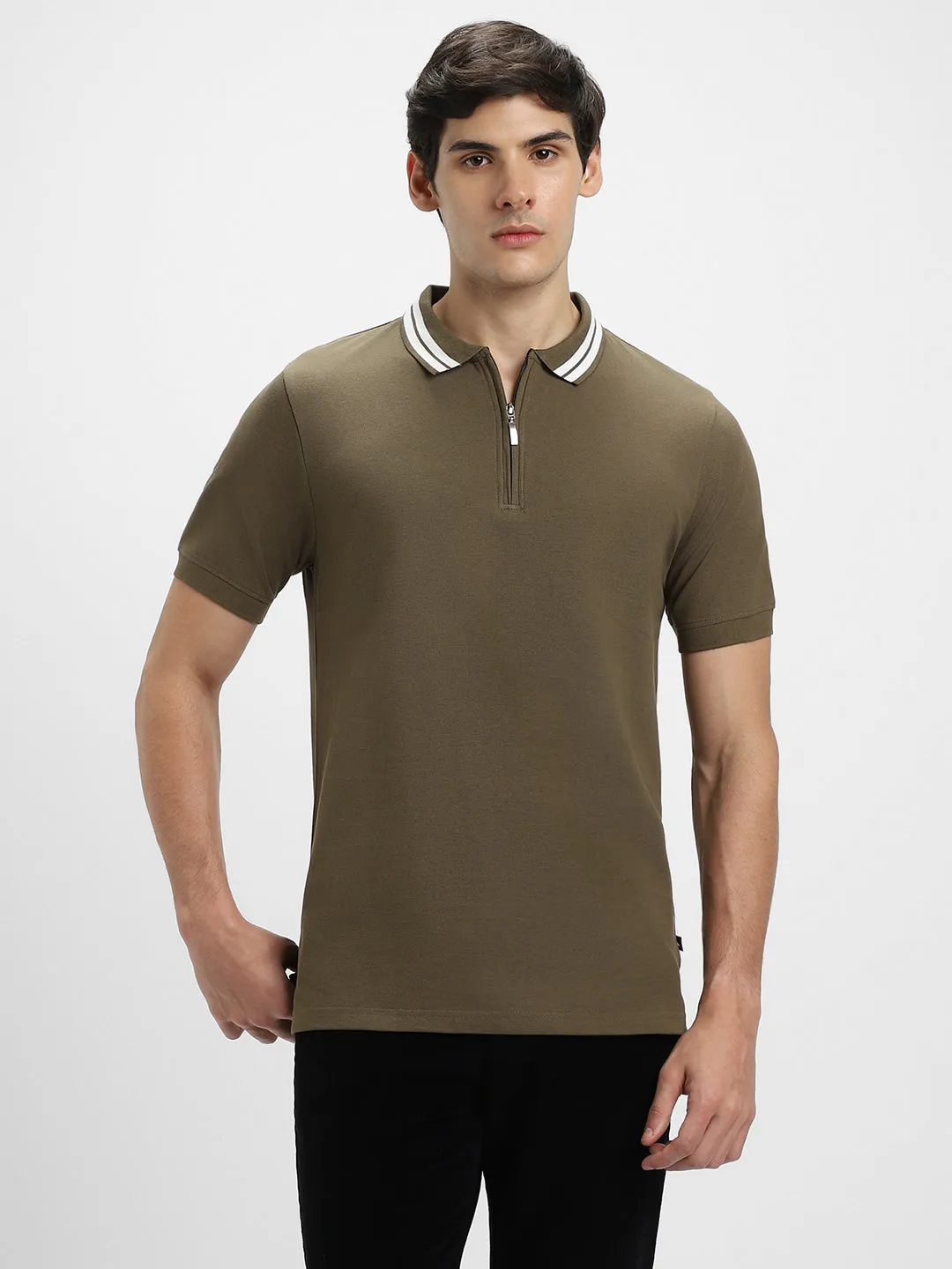 Men's Olive Polo Collar Regular Fit Cotton T-shirt