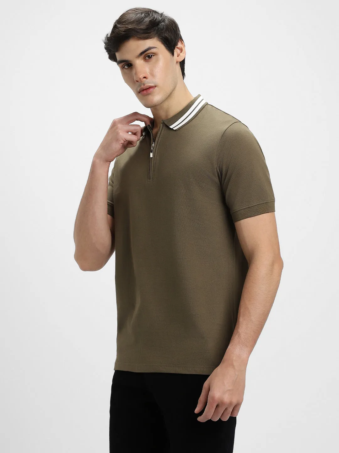 Men's Olive Polo Collar Regular Fit Cotton T-shirt