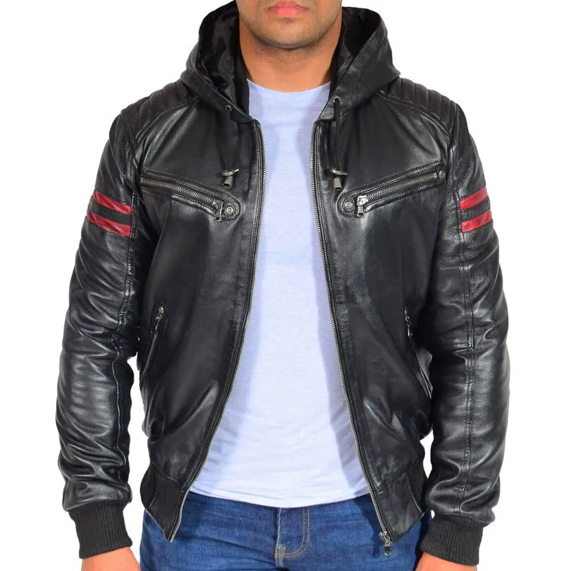 Men's Trendy Black Lambskin Leather Hoody Bomber Jacket